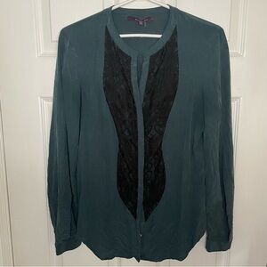 Rachel Roy 100% Silk Teal with Black Lace Detailing Blouse Small